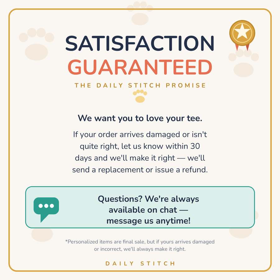 The Daily Stitch satisfaction guarantee: 30-day promise, replacement or refund, always available on chat