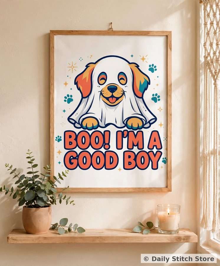 Ghost Dog Halloween printable shown in a frame