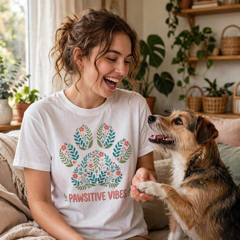 Pawsitive Vibes tee — floral paw print