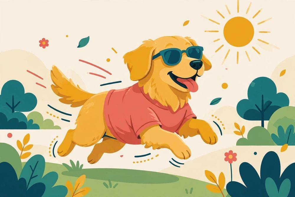 Happy golden retriever running in the sun