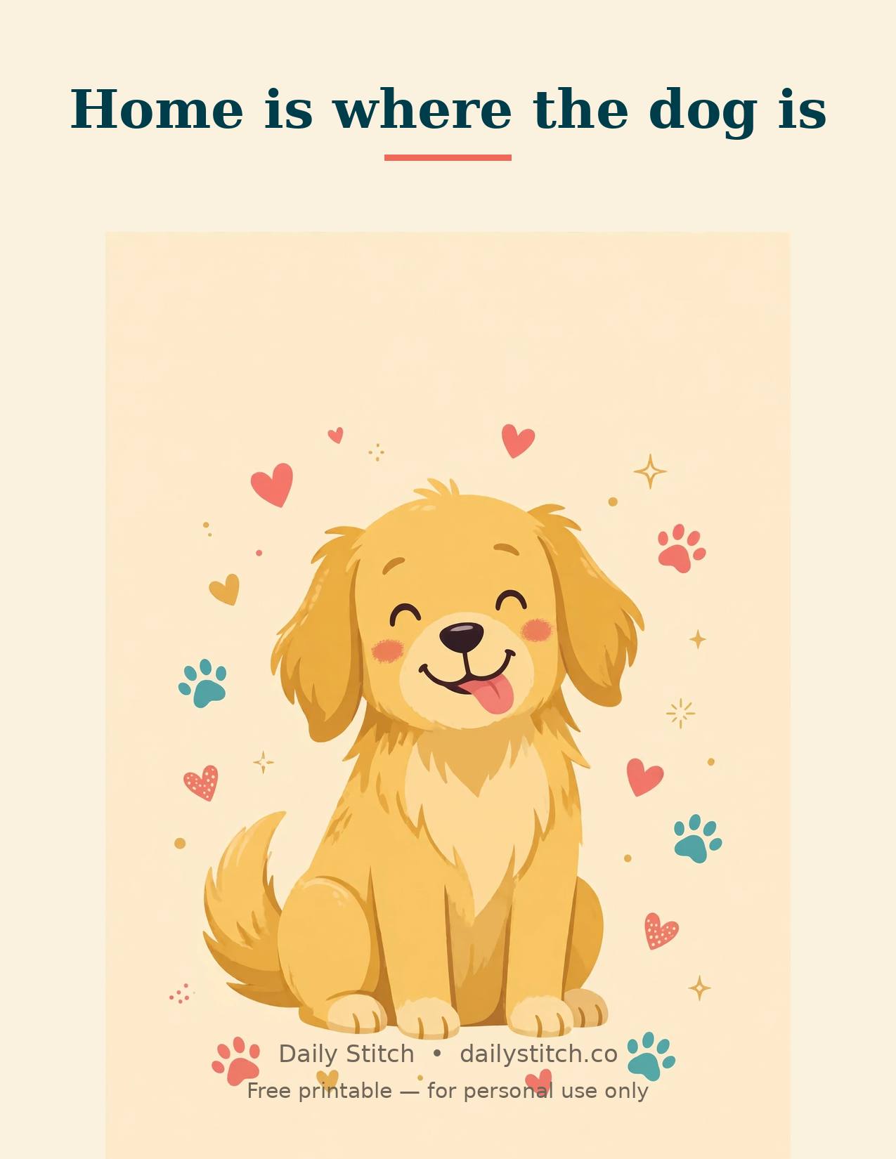 Free printable wall art: Home is where the dog is, with a happy cartoon golden retriever